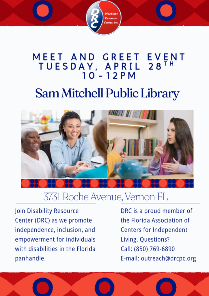 flyer with picture of people meeting and greeting one another. One individual is using sign language.