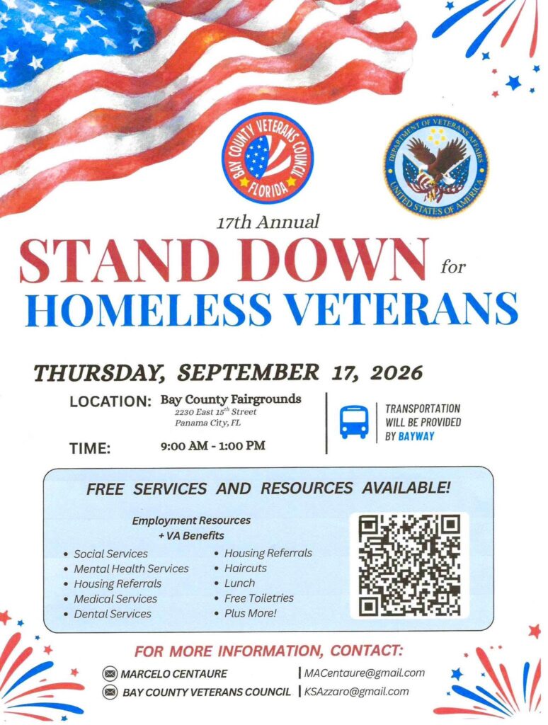 The flyer displays an image of the flag with a logo for the Bay County Veterans Council of Florida. Other decorative features highlighting patriotic colors of red, white, and blue. There is a QR Code for Bayway transportation. The link is https://www.zeffy.com/en-US/donation-form/donate-to-change-lives-15700.