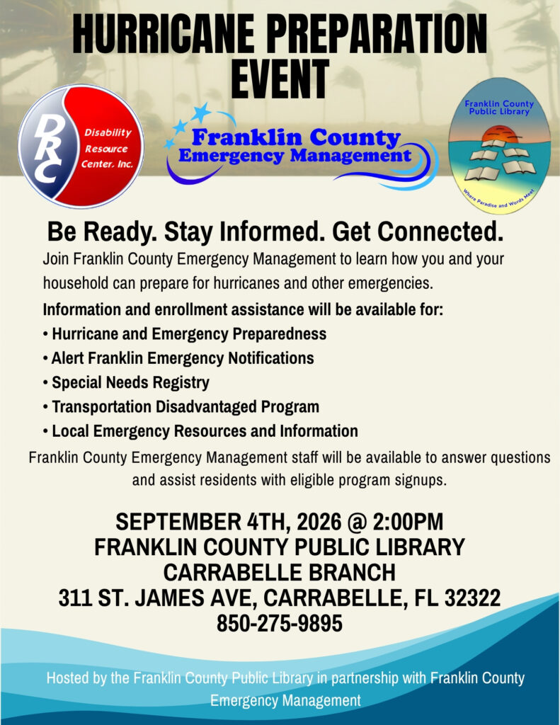 Three logos that consist of Disability Resource Center, Franklin County Emergency Management, and Franklin County Public Library.